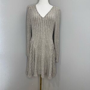 Ribbed Knit Sweater Dress Large Beige Long Sleeve Fit Flare Soft Cozy NWT